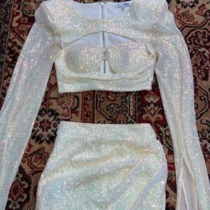 Fashion Nova Iridescent Sequin Two-Piece Crop Top & Skirt Set - White